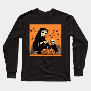 Halloween Two Skeletons with Basket of Pumpkin Long Sleeve T-Shirt